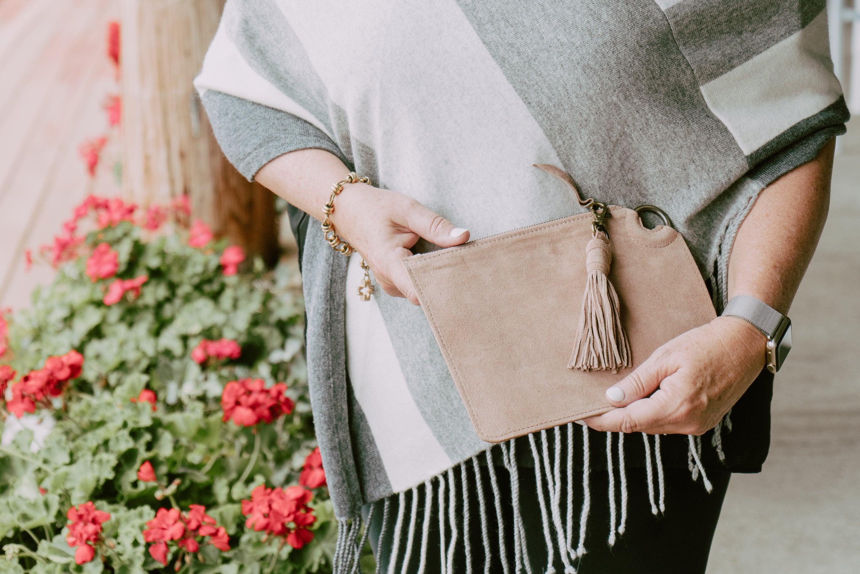 Suede Zipper Clutch in Sand